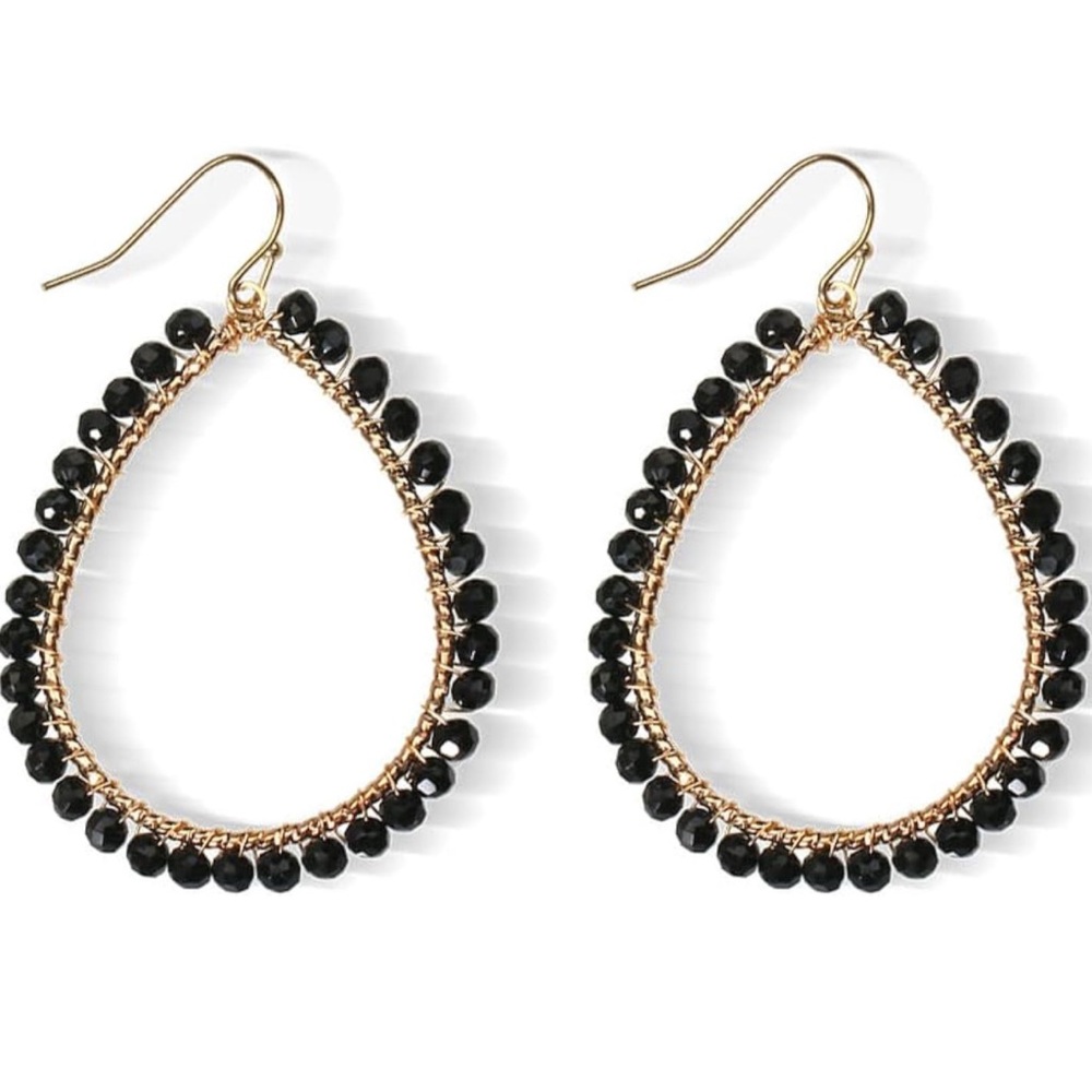 Gold Plated Tear Drop Shaped Earrings with Black Bead Accents